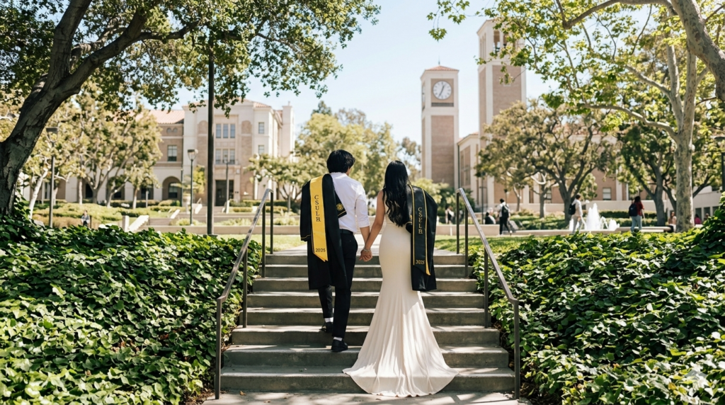 Couple celebrating graduation in Miami wearing graduation gowns