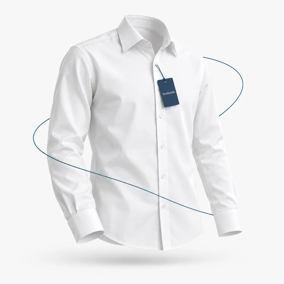 Illustration of a white shirt with a Vestiestilo tag and a blue thread